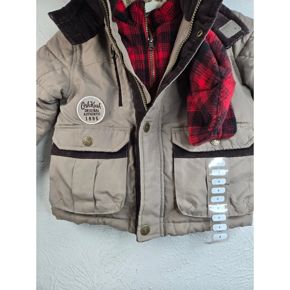 OshKosh Winter Parka Jacket Toddler Boy 4 Tan Plaid Fur Hooded Coat With Beanie